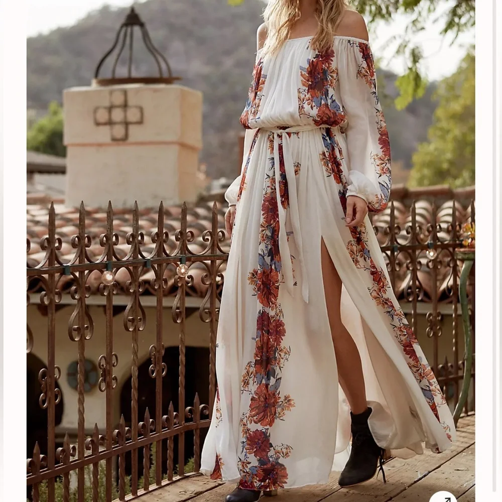 FREE PEOPLE Floral Bardot Printed Maxi Dress Boho Size S - Picture 1 of 11